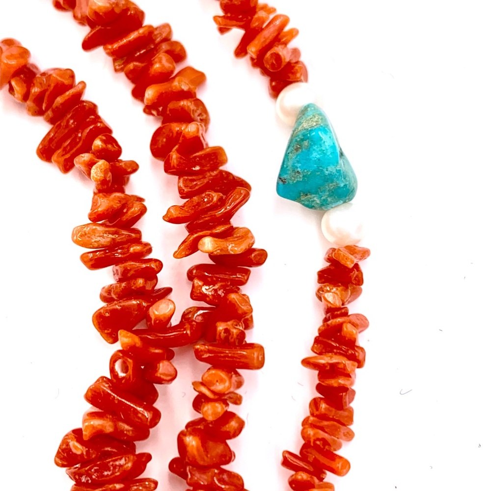 Genuine Red Branch Coral Turquoise & Peals Triple Strand Necklace - Picture 6 of 7